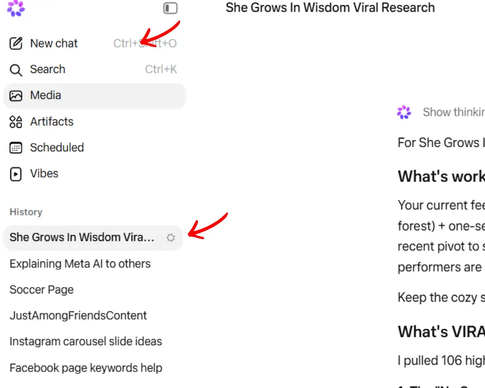 Meta AI app chats list showing separate chats for content ideas and viral research organization