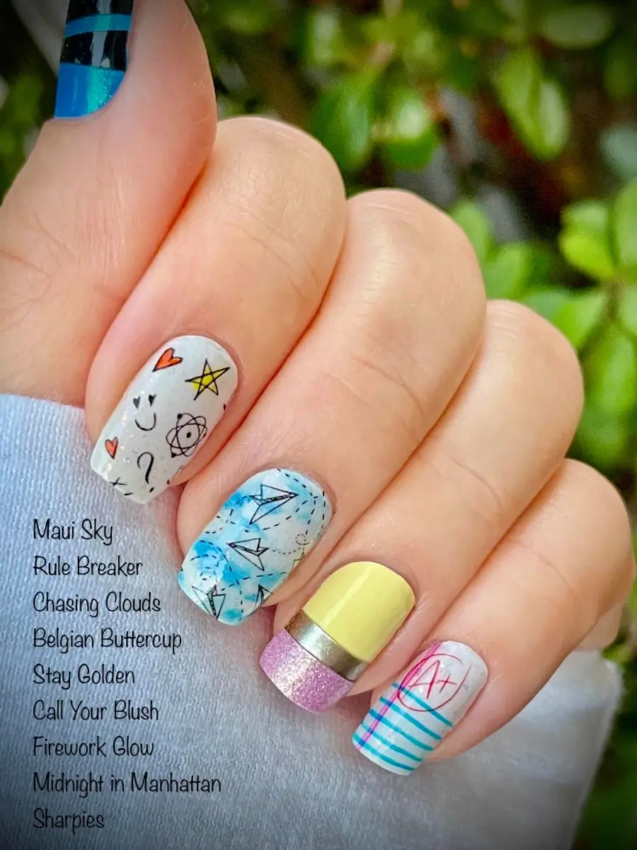 Color Street Mixed Mani using Maui Sky Rule Breaker Chasing Clouds Belgian Buttercup Stay Golden Call Your Blush Firework Glow Midnight in Manhattan
