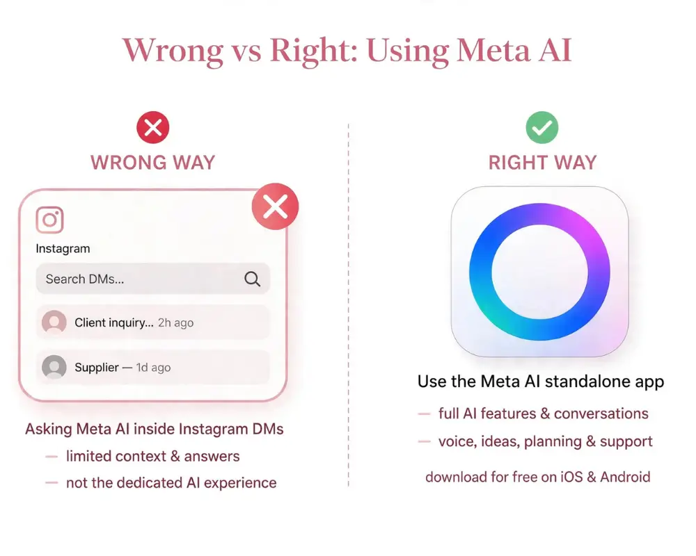 wrong vs right way to use Meta AI - Instagram DMs vs standalone Meta AI app