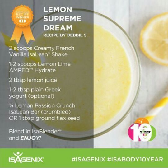 Lemon shake recipe using the Isagenix Isalean shake mix, lemon juice, hydrate, and lemon bar.