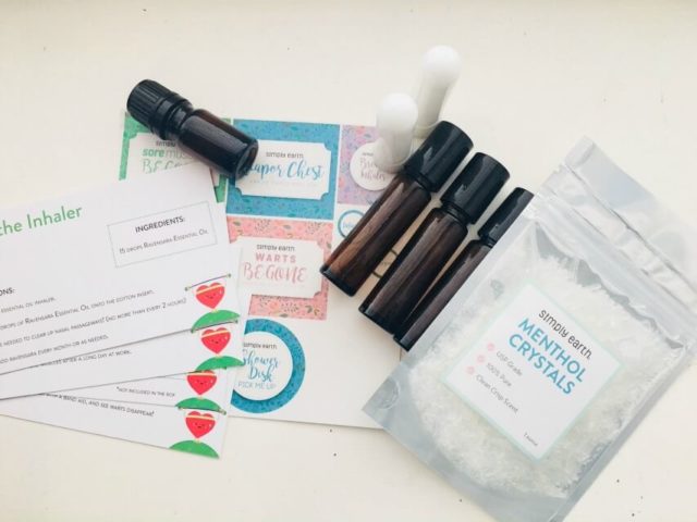 Simply Earth Subscription Box comes with roller bottles, recipes, stickers, blank inhallers
